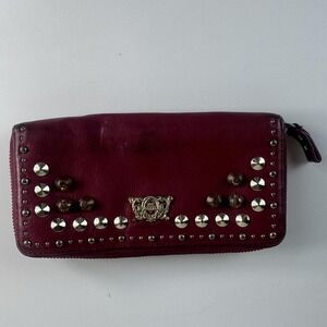 Studded Leather Wallet Womens Burgundy Zip Around Clutch Leopard Lining Boho